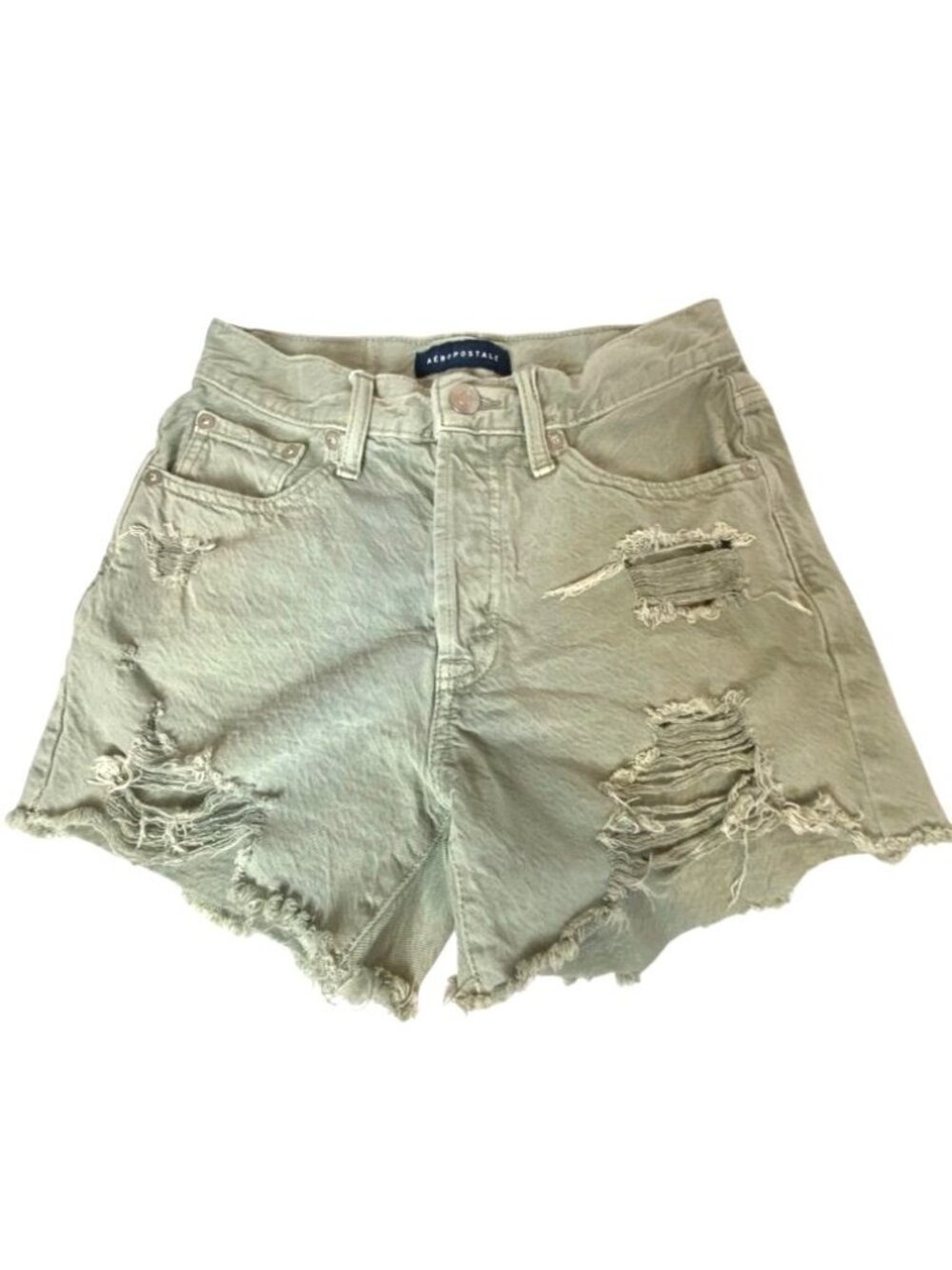 Aeropostale Womens Distressed Green Denim Shorts Casual High-Rise Raw Hem Cotton